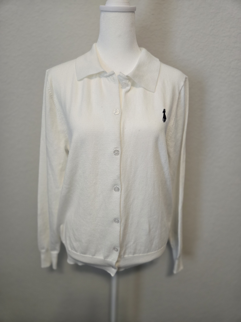 Polo Ralph Lauren White Fine Knit Collared Cardigan Sweater Logo Buttons L